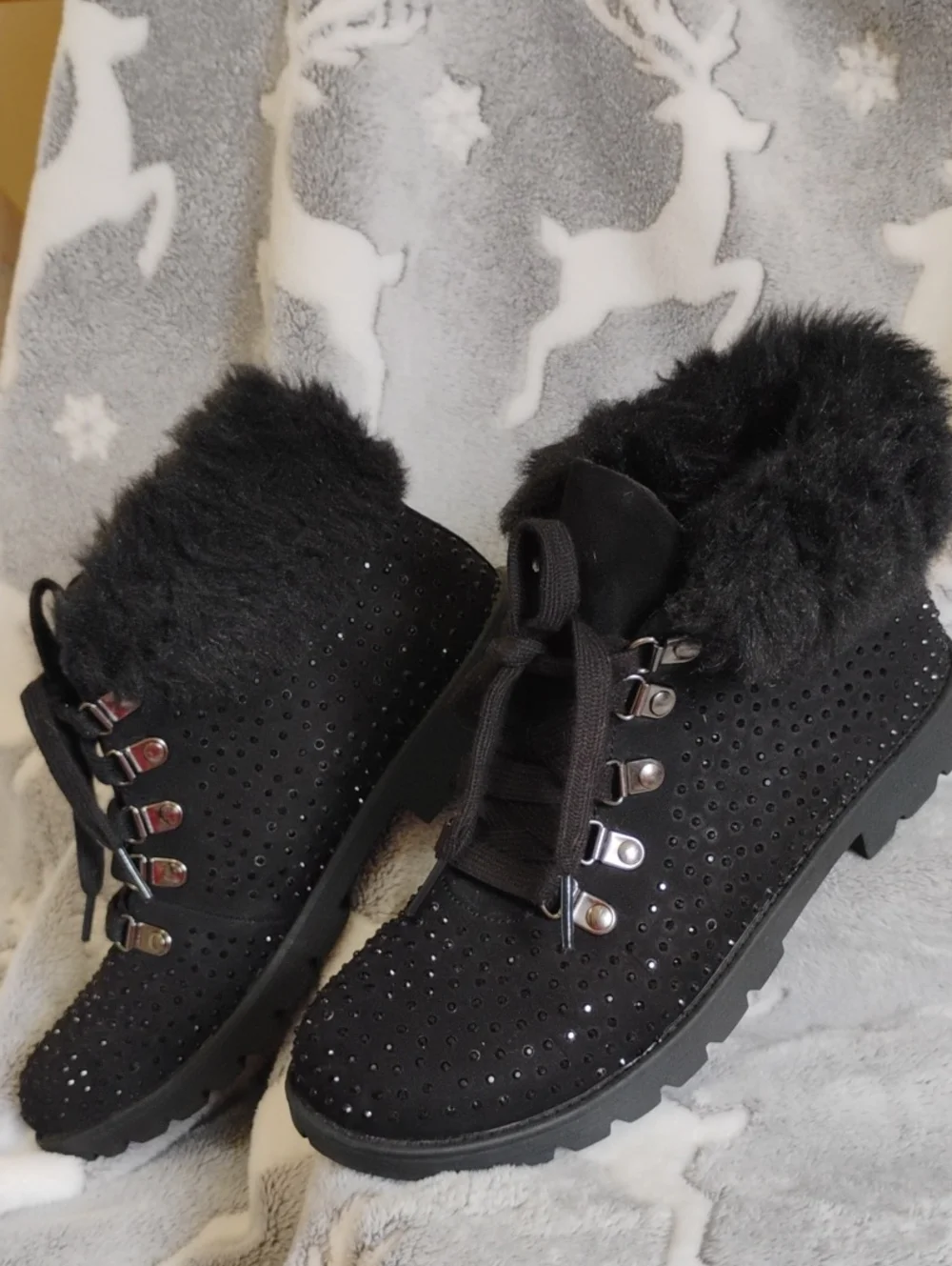 Justice Black Faux-Fur Lace-Up Winter Boots With Studded Accents 8